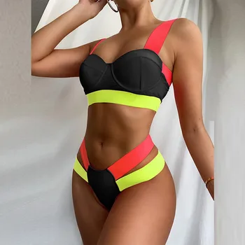 Barevné Patchwork Obvaz Bikiny Plavky Ženy Kostice Push Up Bikini Set Plavky 2021 Letní Módní Biquini Plavky
