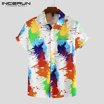 INCERUN Letní Muži Havajské Košile Barevné Tištěné Krátký Rukáv Klopě Ležérní Halenka Streetwear 2021 Dovolenou Prodyšná Košile