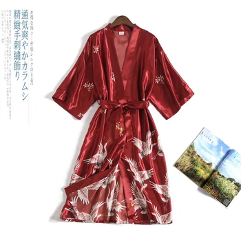 Letní Svetr Jeřáb Japonský Styl Ženy Saténové Kimono Yukata Vintage Noční Košile Plus Haori Pyžama Party Spa Korejské Dlouhé Roucho